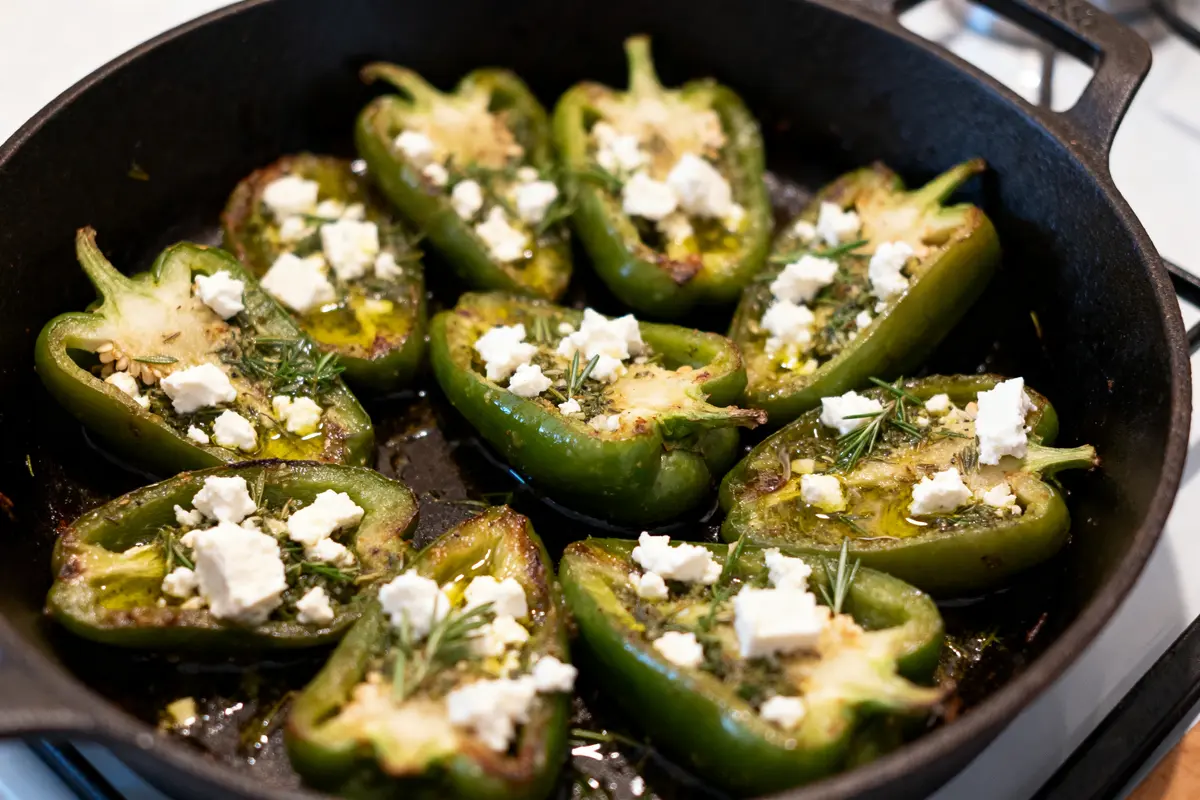 Poivrons verts grillés avec feta et herbes dans une poêle, recette de poivrons verts.