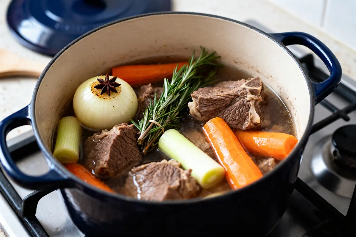Pot-au-feu traditionnel cocotte minute avec légumes et viande mijotant dans une casserole étoile.