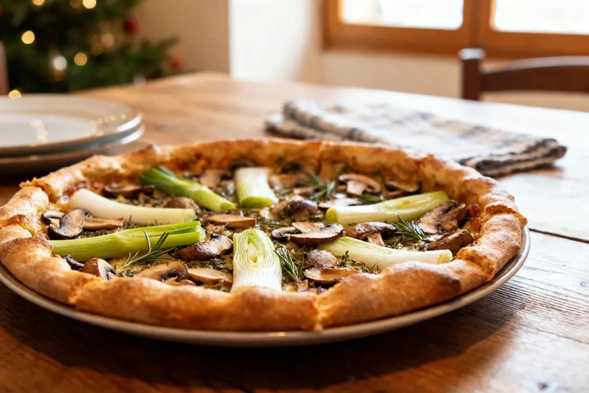 Tarte salée hiver garnie de poireaux, champignons et romarin sur une table en bois
