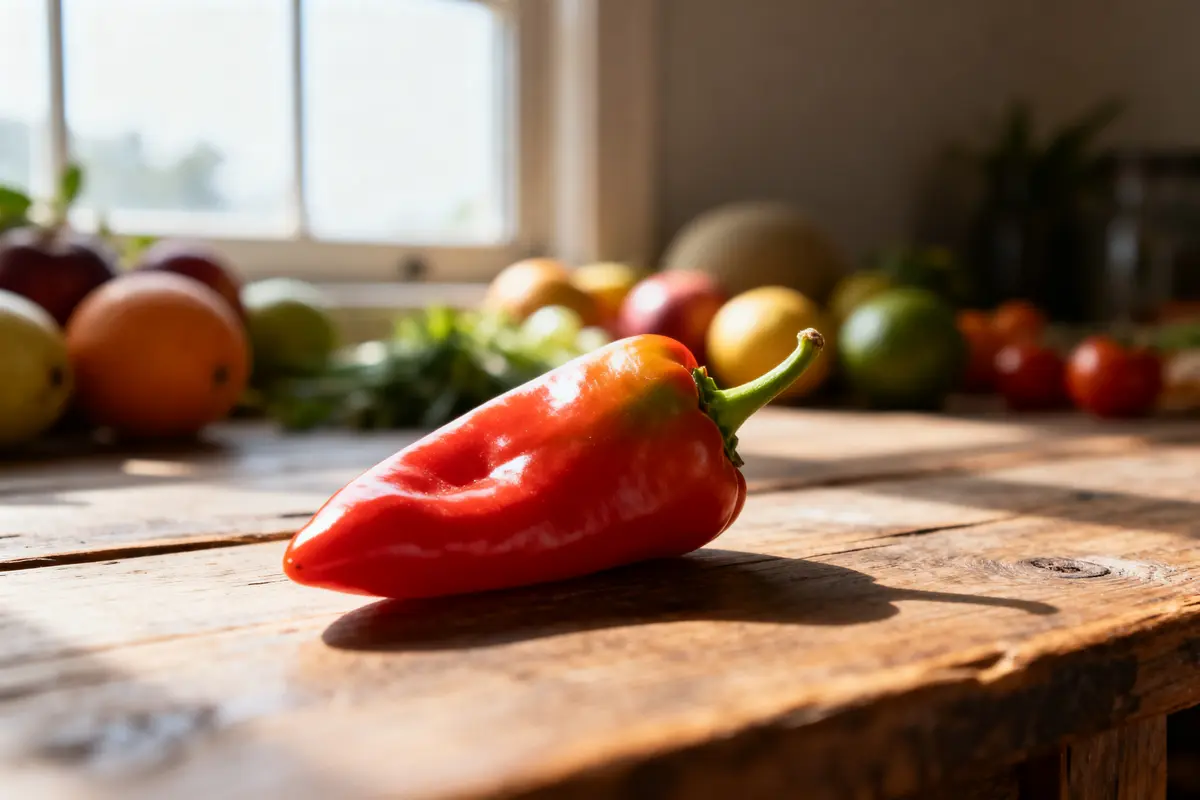 Piment rouge sur une table en bois, illustrant le bienfait piment sur la santé