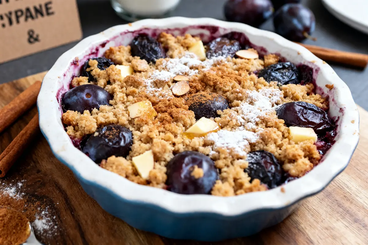 Plat de crumble aux prunes avec amandes, sucre glace et bâtons de cannelle en arrière-plan