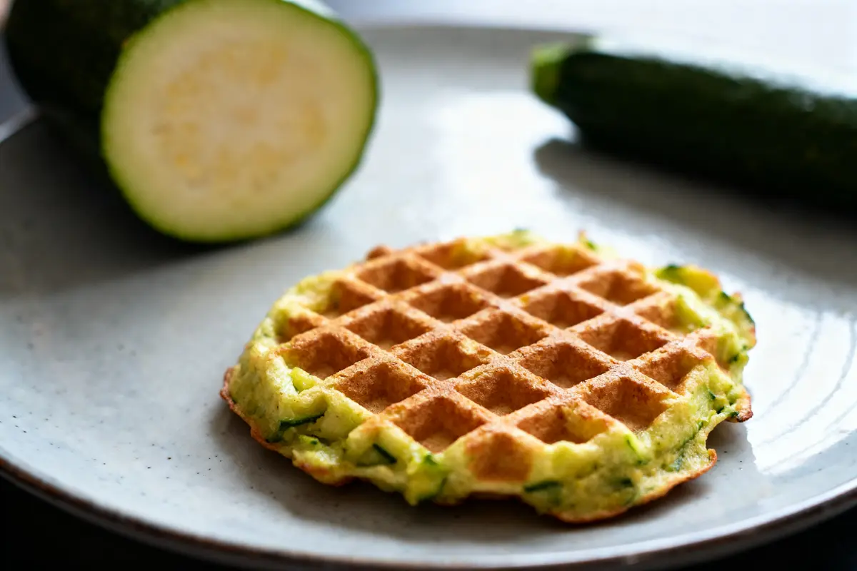 Gaufre de courgette sur assiette avec courgette entière et coupée en fond