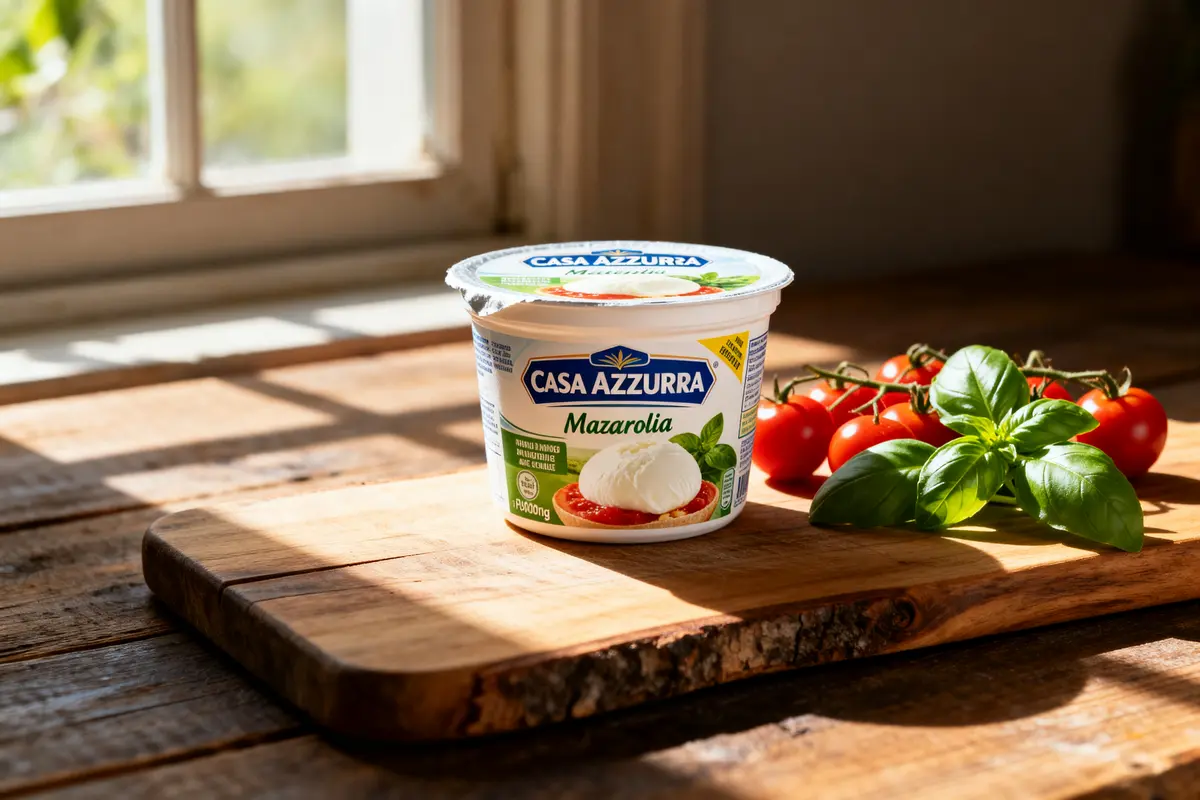 Pot de mozzarella protéine Casa Azzurra sur planche avec tomates et basilic fraîches