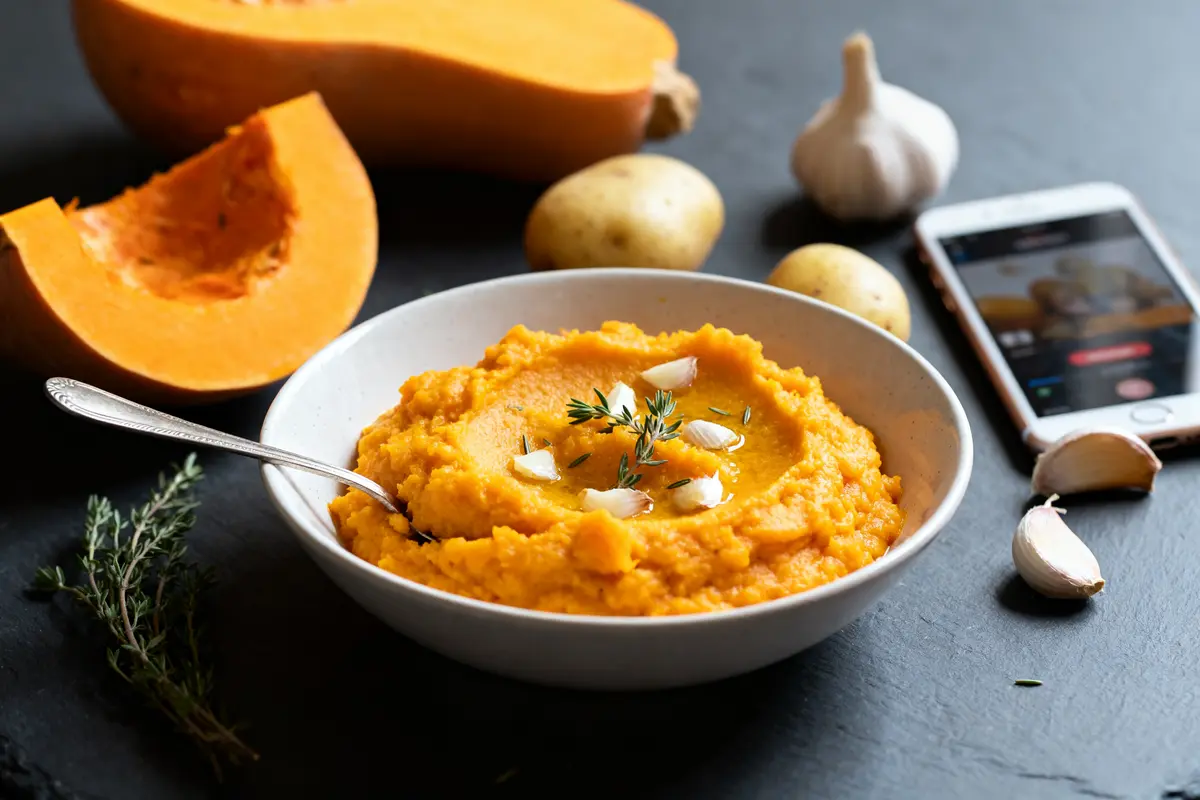 Bol de purée de butternut avec ail et herbes sur une table en ardoise