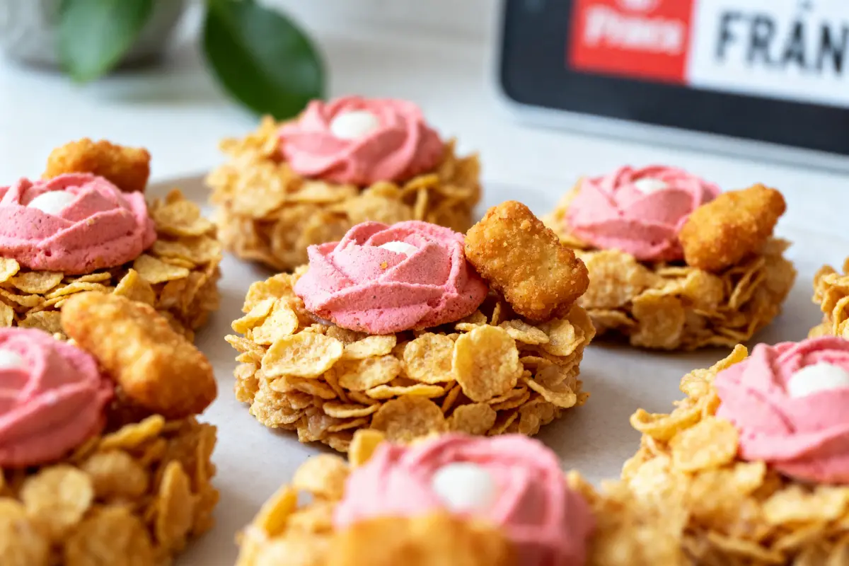 Délicieux nids croustillants de corn flakes garnis de mousse rose recette avec corn flake