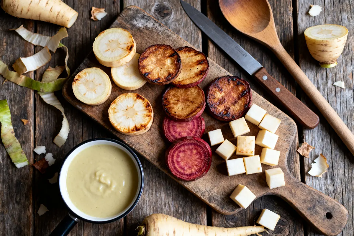 Tranches de légumes et purée illustrant une recette de panais sur planche en bois