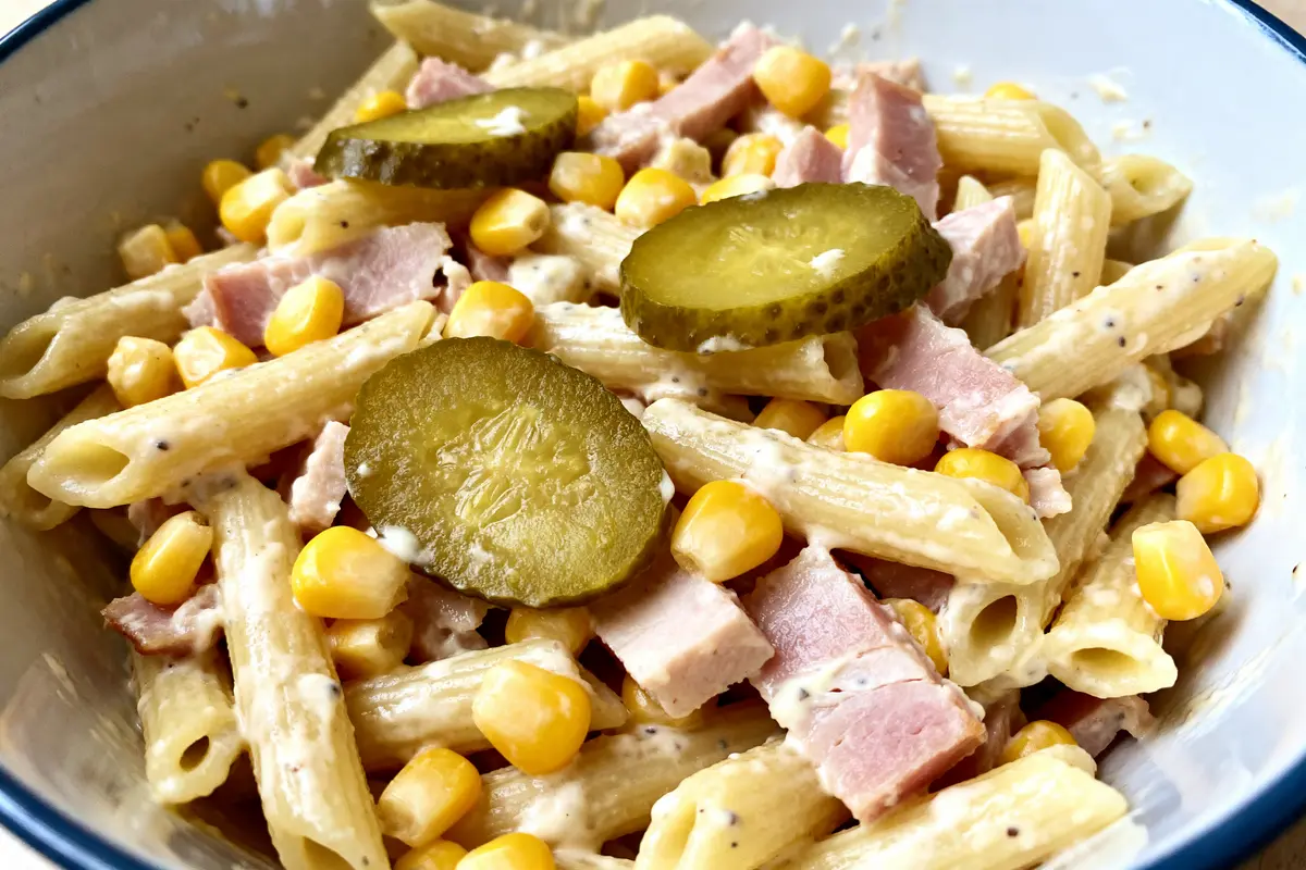 Salade de pâtes froide mayonnaise avec jambon, maïs et cornichons tranchés dans un bol