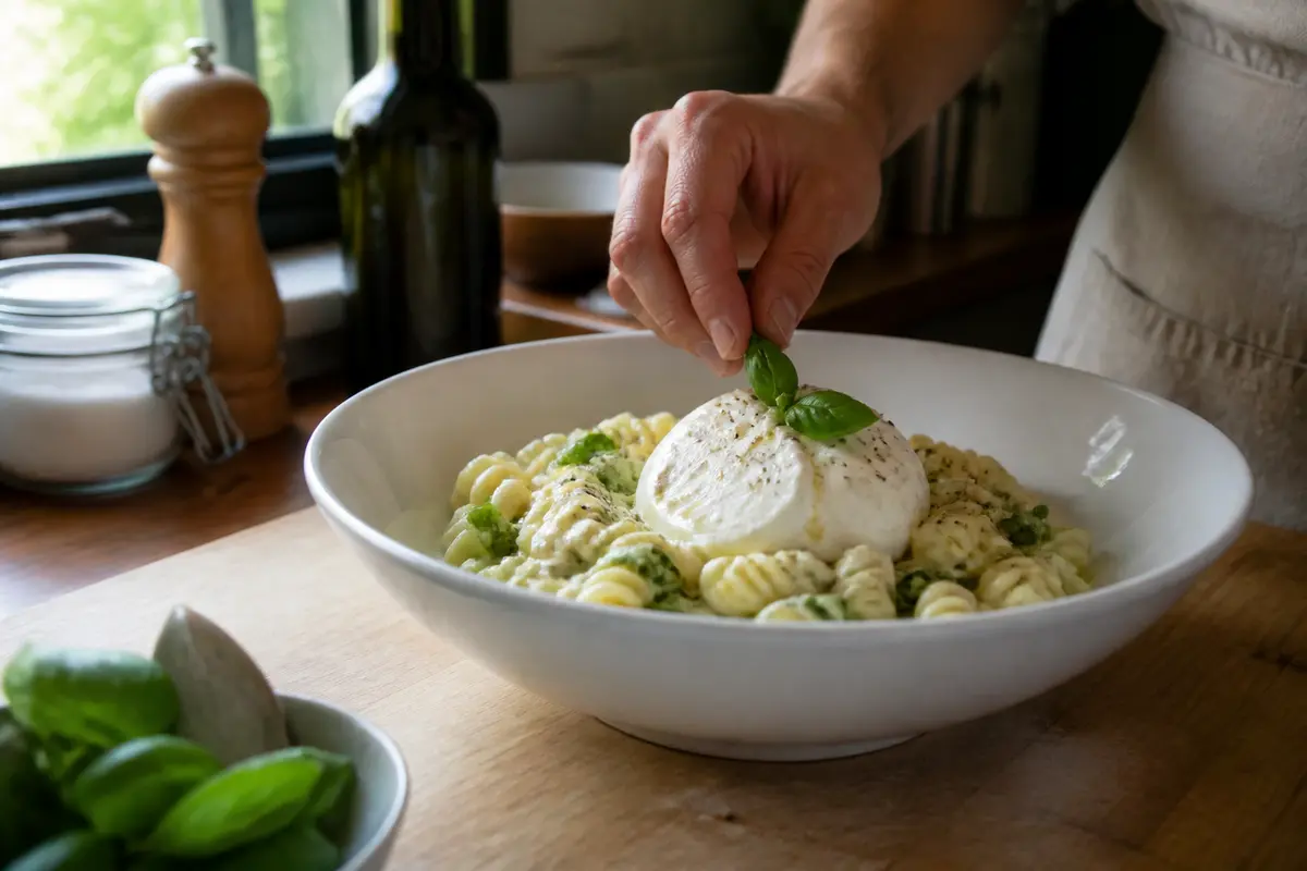 Recette de burrata pâtes : tomates confites et basilic crémeux